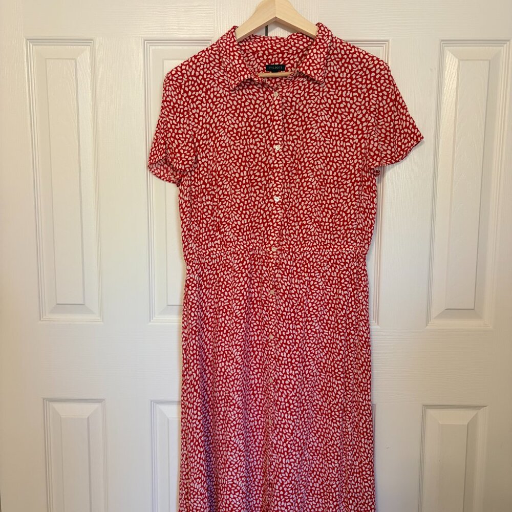 Talbots Red White Leopard Polka Dot Tie-Waist Midi Shirt Dress Size 12 - Picture 2 of 8